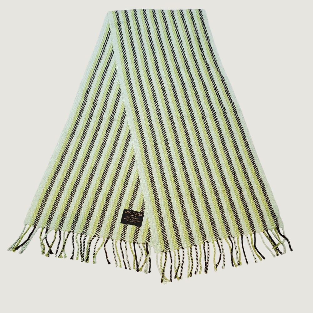 MEG COHEN 100% Cashmere Scarf Made In England Striped Fringe Luxury Green Mint - Picture 1 of 5